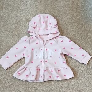 Baby Gap Fleece Jacket Girls 6- 12 Months Hood Ruffle Hem Hearts Winter Pink
